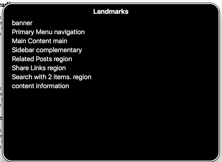 The VoiceOver landmarks menu now shows detailed information about each of the sections on our page, including the aria-labels that we provided.